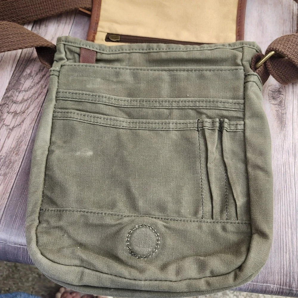 Duluth Trading Co Olive Green Canvas Leather Trim Field Messenger Crossbody Bag
